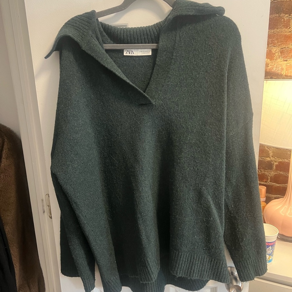 Zara Deep Green Funnel Collar Knit Sweater
